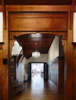 Natural Wooden Hallway with Hardwood Floor and Wonderful Chandelier on Wooden Ceiling in Project Canny Sackville