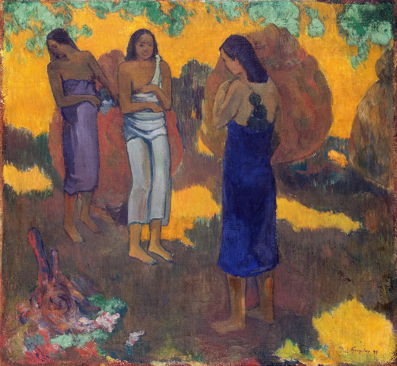 Three Tahitian Women Against a Yellow Background by Paul Gauguin - Genre Paintings from Hermitage Museum