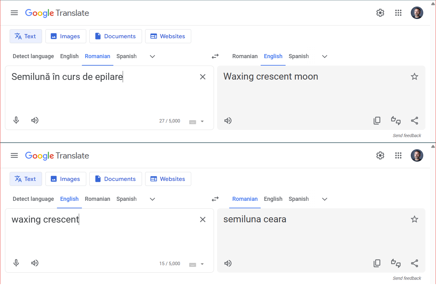 Examples how Google translates waxing crescent into Romanian