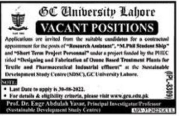 Latest Government College University Research Posts Lahore 2022