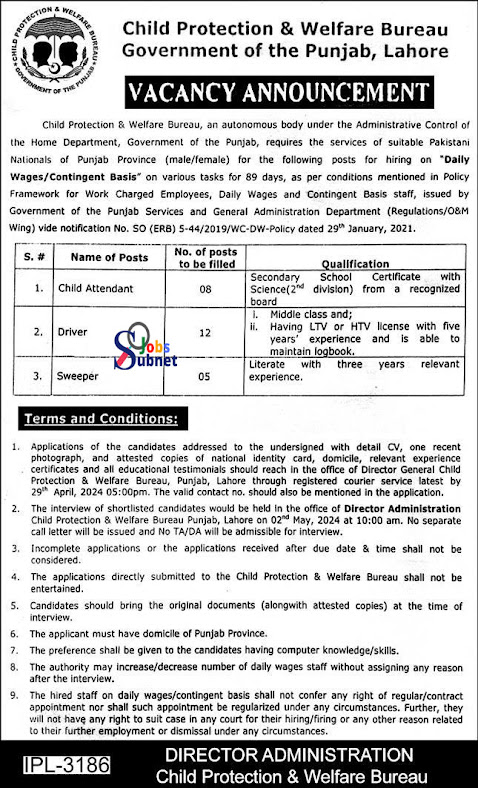 Child Protection & Welfare Bureau Lahore Latest Jobs 2024