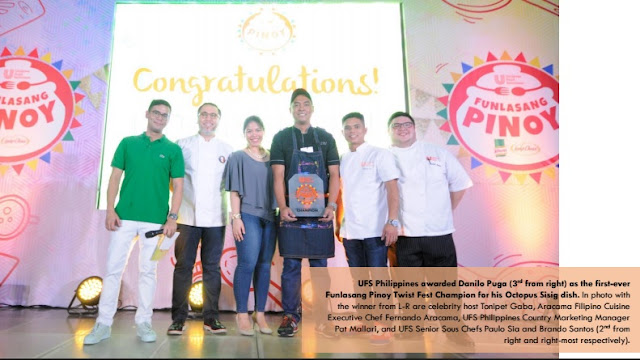 UFS Philippines awards Danilo Puga (3rd from right) as the first-ever Funlasang Pinoy Twist Fest Champion for his Octopus Sisig dish. In photo with the winner from L-R are celebrity host Tonipet Gaba, Aracama Filipino Cuisine Executive Chef Fernando Aracama, UFS Philippines Country Marketing Manager Pat Mallari, and UFS Senior Sous Chefs Paulo Sia and Brando Santos (2nd from right and right-most respectively).