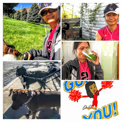 spring outside, green smoothie, walking with dogs