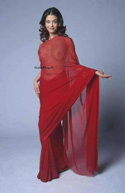 Aishwarya Rai See Through Red Saree Boobs
