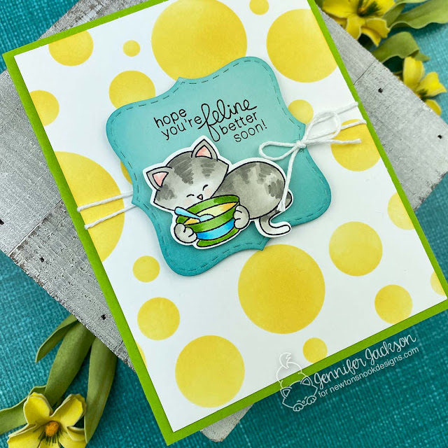 Get Well Kitty Cards by Jennifer Jackson | Newton's Sick Day Stamp Set, Frames Squared Die Set and Bokeh Stencil by Newton's Nook Designs #newtonsnook #handmade