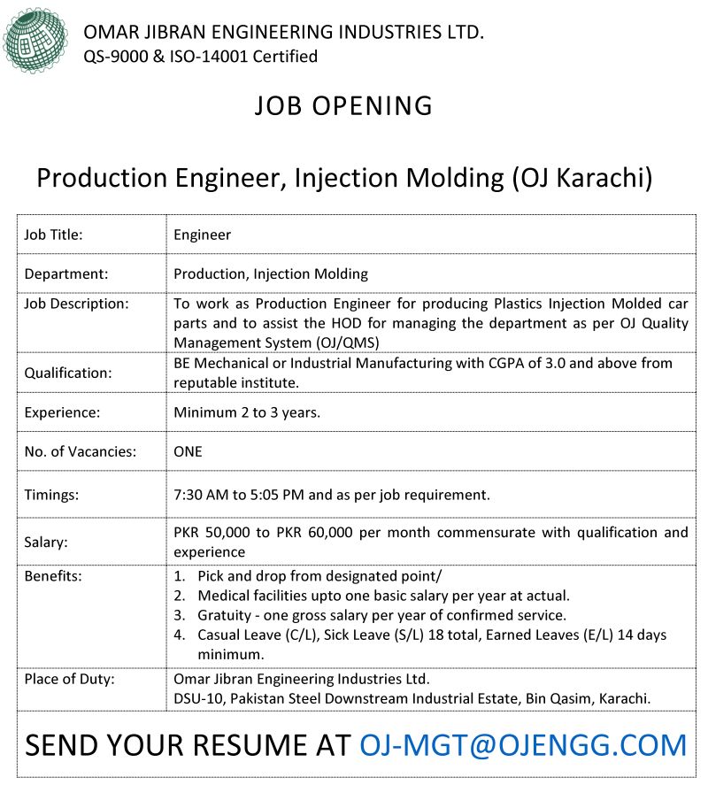 JOB OPENING AT Omar Jibran Engineering Industries Ltd.