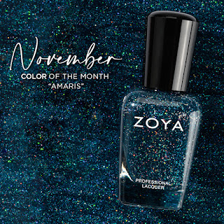 Close-up image of Zoya's Amaris nail polish, a tranquil sky-blue color with a subtle icy shimmer, showcased in its signature bottle.