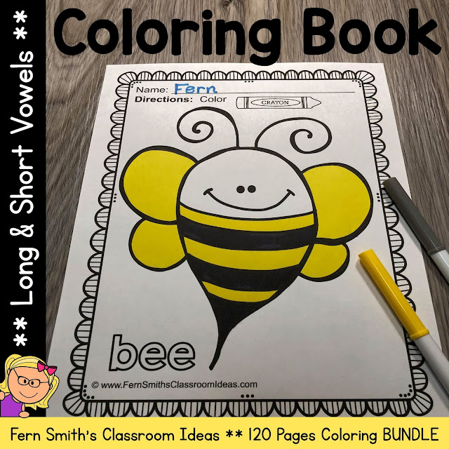 Your Students will ADORE this 120 Page Coloring Book for Long and Short Vowels! Add it to your plans to compliment any Short Vowel and Long Vowel Unit! 120 Coloring Pages #FernSmithsClassroomIdeas