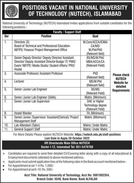 NATIONAL UNIVERSITY OF TECHNOLOGY (NUTECH) JOBS 2022