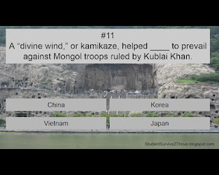 A “divine wind,” or kamikaze, helped ____ to prevail against Mongol troops ruled by Kublai Khan. Answer choices include: China, Korea, Vietnam, Japan