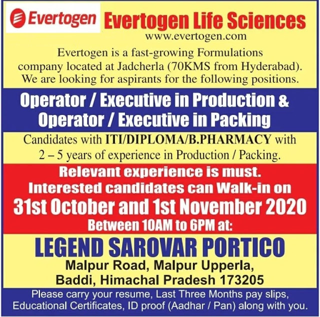 Evertogen Life Sciences | Walk-In Interviews at Baddi for Production / Packing on 31st Oct & 1st Nov 2020