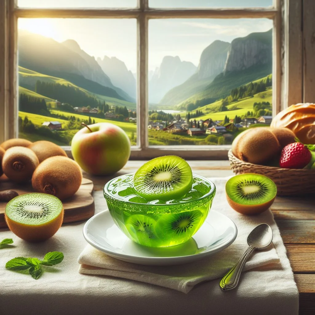 plato de gelatina de kiwi frente a una ventana con vista al campo