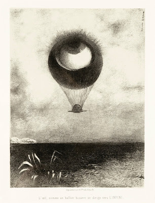 What appears to be a withered head hangs suspended from a large black orb. From a distance, the head and orb appear to be a hot air balloon, but the orb is a giant eyeball looking upward. Its eyelashes are overwhelming in their number and length and almost resemble tentacles or arms reaching up.