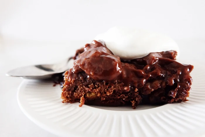 side view of hot fudge pudding cake slice