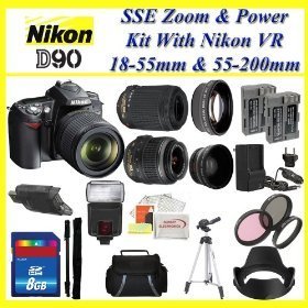 Nikon D90 SLR Digital Camera with 18-55mm VR Lens and 55-200mm VR Lens + Huge Battery, Lens  &  Tripod Complete Accessories Package (Everything you Need)