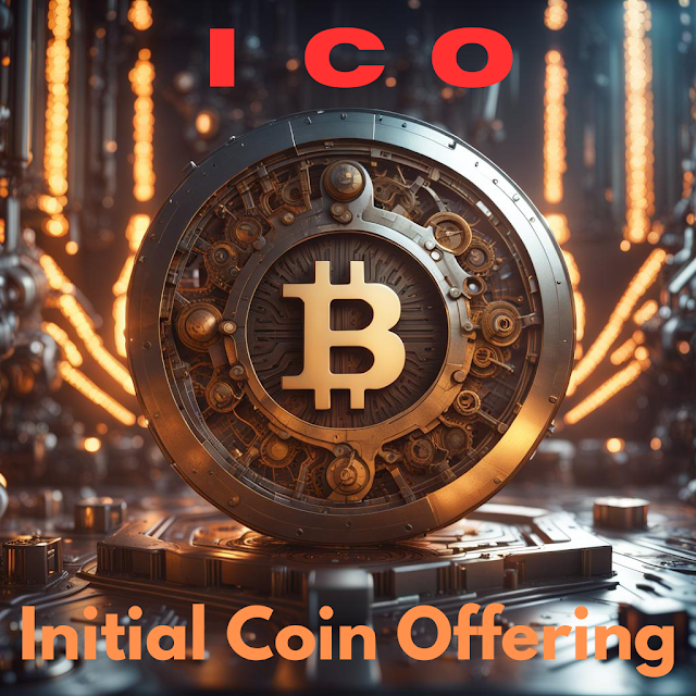 There is a big coin with a Bitcoin sign on it and it is written ICO Initial Coin Offering