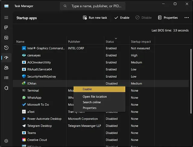 enable idm in task manager