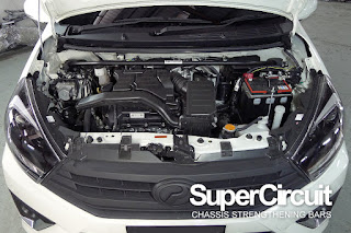 Pre-facelift Perodua Axia 1.0 (non-VVTi) engine bay with the SUPERCIRCUIT Front Strut Bar installed.