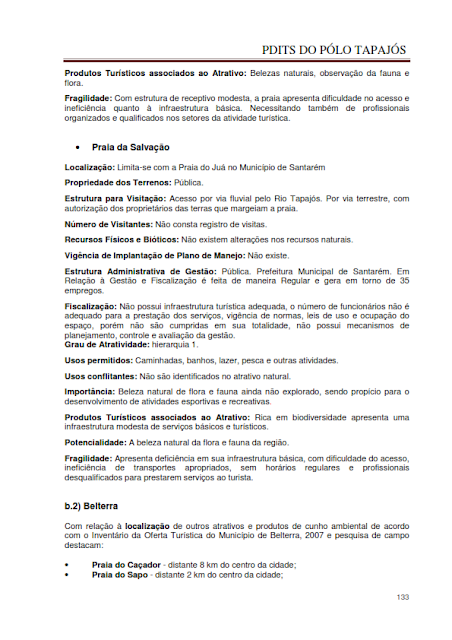 DIAGNÓSTICO DA ÁREA E DAS ATIVIDADES TURÍSTICAS DO PÓLO TAPAJÓS - NOVEMBRO 2010 - PARTE I – PARÁ – BRASIL