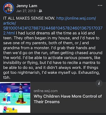A screenshot from Facebook of a 2013 article explaining why children have more control of their dreams, and Jenny Lam talking about the lucid dreams/nightmares she used to have as a kid and teen.