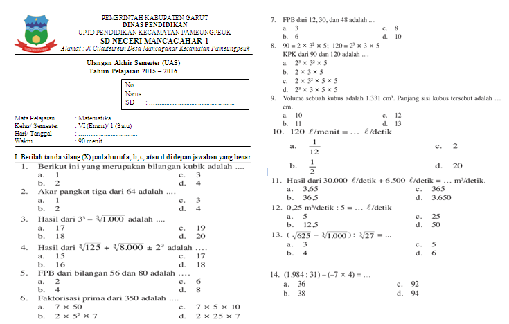 Soal UAS Matematika KTSP Kelas 6 Semester 1  Kumpulan Soal