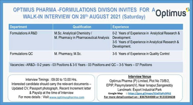 Job Availables, Optimus Pharma Walk-In Interview For Fresher & Experienced Msc Analytical/ M.Pharm - ARD/ QC