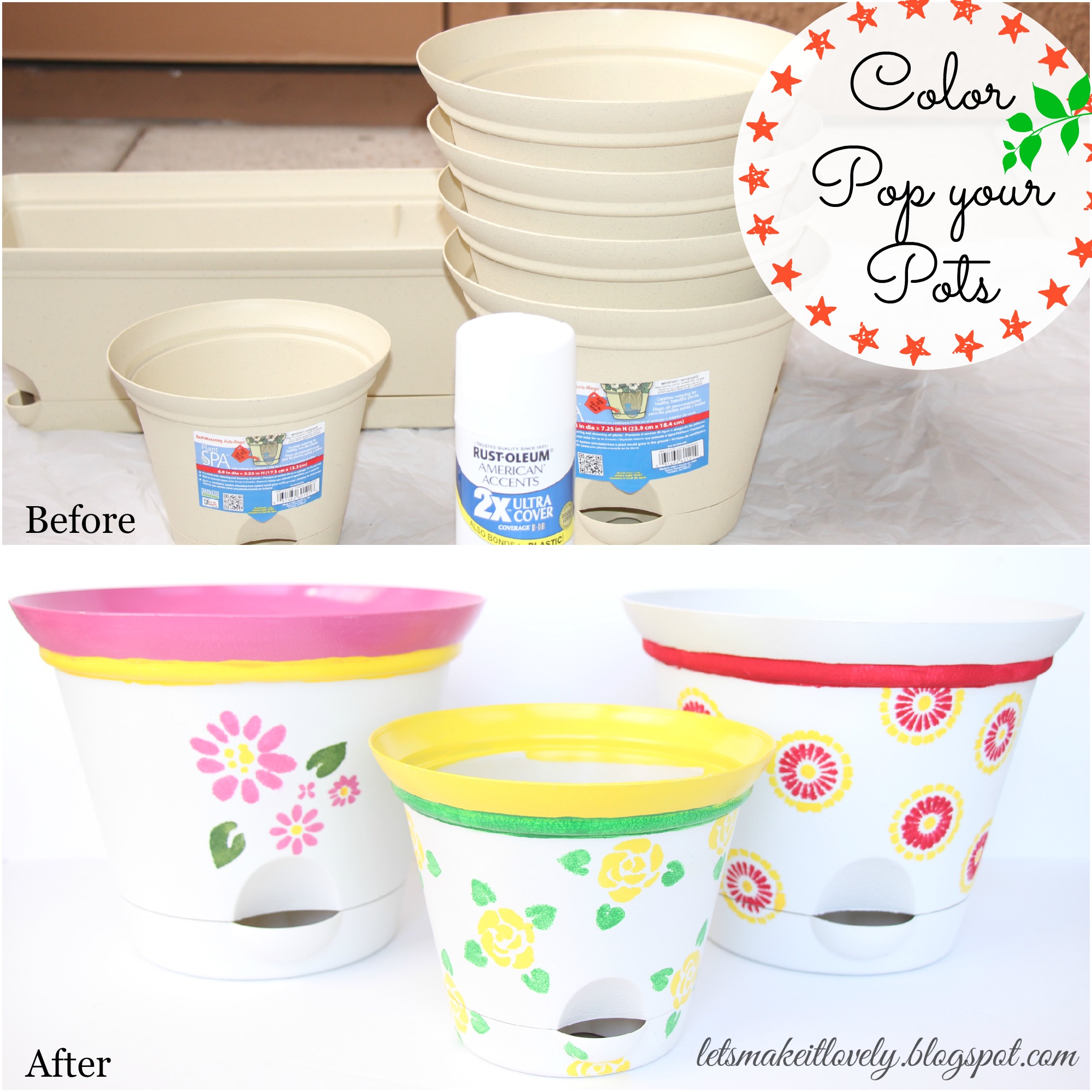 Paint and stencil the pots bright for a pop of color in your summer patio. Dos and Don'ts on stenciling. 