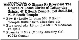 David O McKay in 1965 city directory of Salt Lake City, Utah