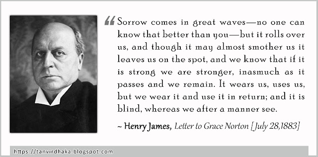 “Sorrow comes in great waves—no one can know that better than you—but it rolls over us, and though it may almost smother us it leaves us on the spot, and we know that if it is strong we are stronger, inasmuch as it passes and we remain. It wears us, uses us, but we wear it and use it in return; and it is blind, whereas we after a manner see.”  ~ Henry James, Letter to Grace Norton [July 28,1883]