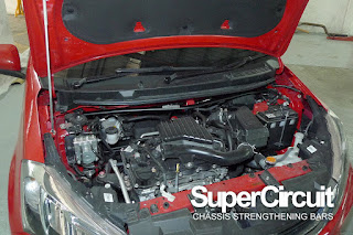 Perodua Myvi Gen3 engine bay with the SUPERCIRCUIT Front Strut Bar installed.