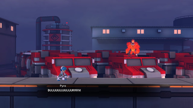 An early gameplay screen where Pyro shouts "Buuuuuuurn!" to exhausted Beck