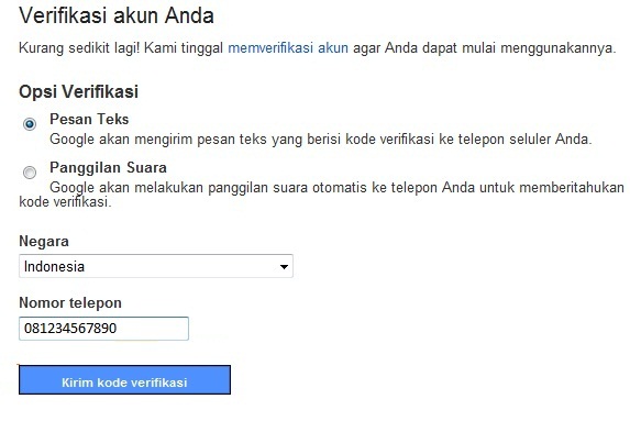 Verifikasi pendaftaran akun gmail dengan SMS