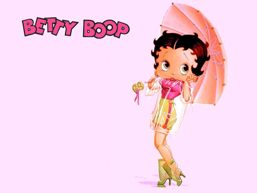Wallpaper of Betty Boop with logo, holding an umbrella, wearing a raincoat 