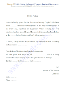 public notice format for loss of property documents