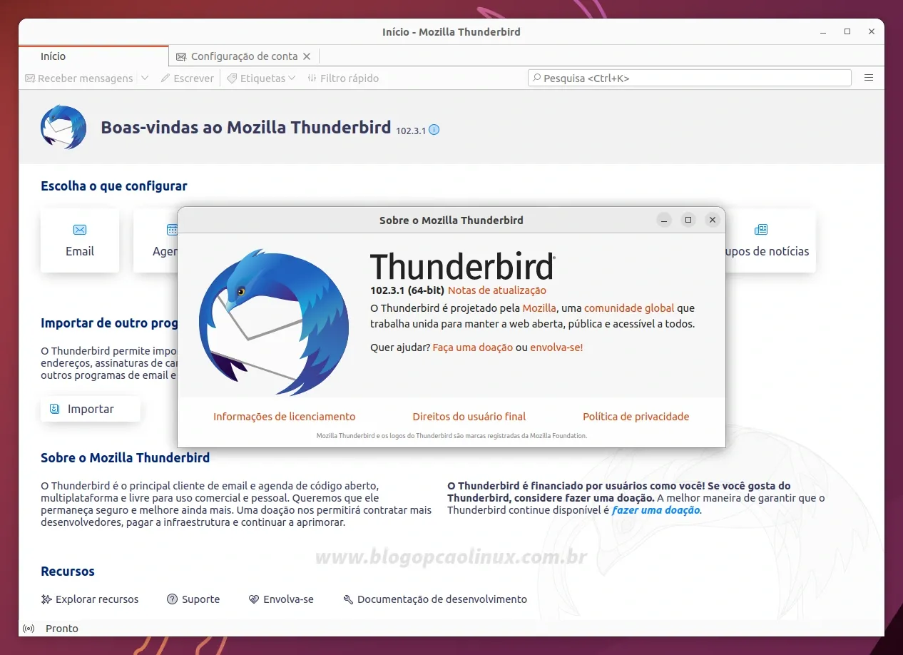 Mozilla Thunderbird executando no Ubuntu 22.10 (Kinetic Kudu)