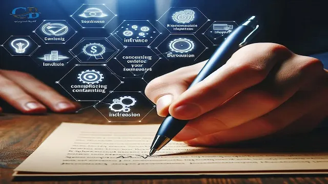 يد تكتب محتوى تسويقي مقنع على ورقة مع رموز تشير إلى التأثير والإقناع وزيادة المبيعات