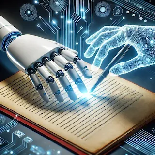 A robotic hand and a holographic hand working together to write in an old book, symbolizing the fusion of AI and human creativity.