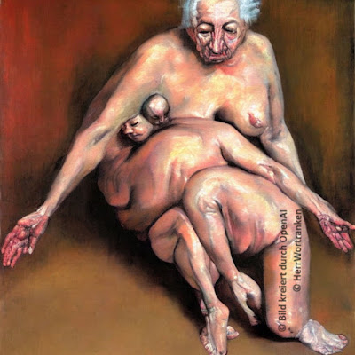 Alter nackter Mann sitzend in Front zum Betrachter mit seitlich ausgebreiteten Armen. Weiterere Körperteile erkennbar als menschliches amorphes nacktes Fleisch im Torsobereich des Mannes. Dargestellt im schwülstigen Malstil eines Francis Bacon, kreiert mittels AI.