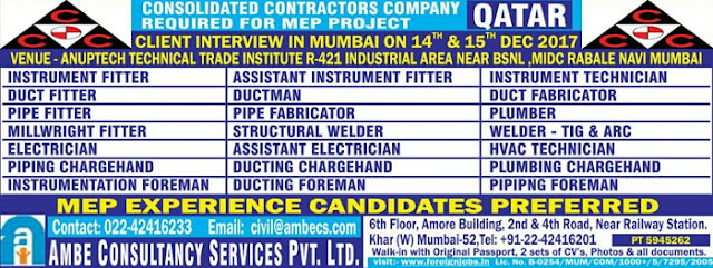 MEPHot  Jobs, CCC Jobs, Qatar Jobs, Gulf Jobs Walk-in Interview, Instrumentation Jobs, HVAC Jobs, Welding Jobs, Piping Jobs, Fitter, Electrical Jobs, Mumbai Interviews, 