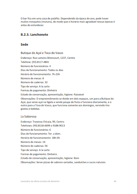 INVENTÁRIO DA OFERTA TURÍSTICA HIERARQUIZAÇÃO DE ATRATIVOS DIAGNÓSTICO DA INFRAESTRUTURA DE TURISMO RELATÓRIO DE OPORTUNIDADES DE NEGÓCIOS 2014.1. -  B.1. Serviços e equipamentos de hospedagem