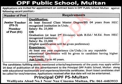Latest OPF Public School Teaching Posts Multan 2022