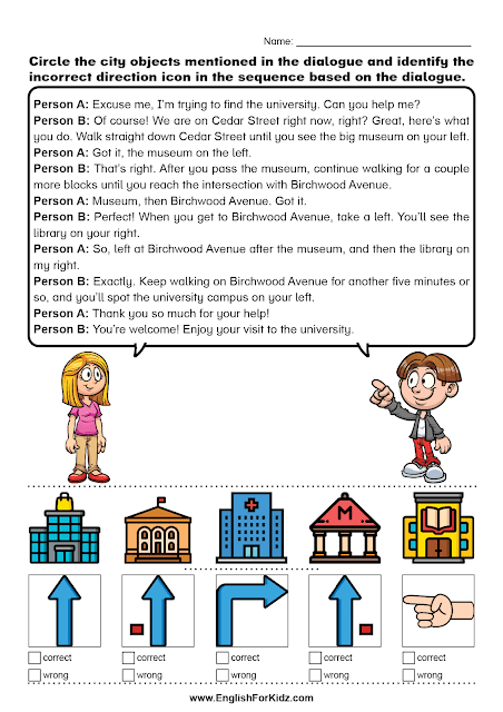 Asking and giving directions dialogue worksheet - reading comprehension