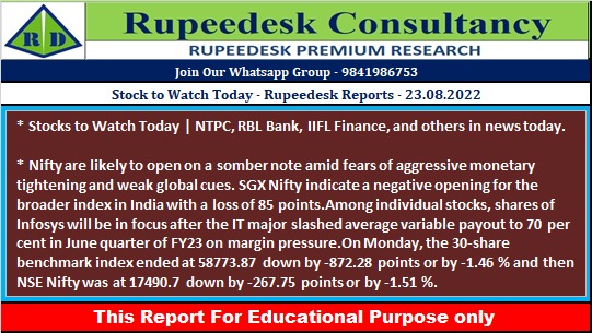 Stock to Watch Today - Rupeedesk Reports - 23.08.2022