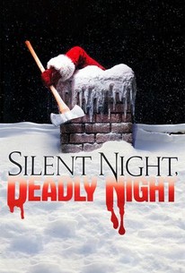 A snowy roof with a chimney. Out of the Chimney is an arm in a Santa sleeve (red with white fur trim) holding an axe. In the snow at the bottom of the image is the writing SILENT NIGHT,  DEADLY NIGHT. DEADLY NIGHT is in red, dripping letters.