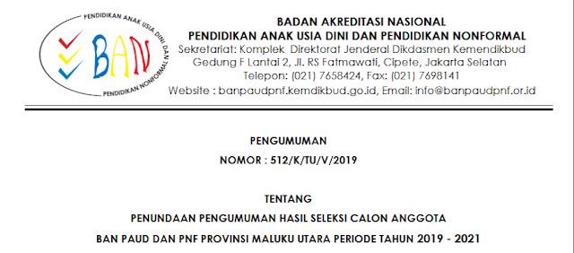 rekan yang telah mengikuti Seleksi Calon Anggota BAN PAUD dan PNF Tahun  Pengumuman Penundaan Hasil Seleksi Calon Anggota BAN PAUD PNF Prov. Maluku Utara 2019