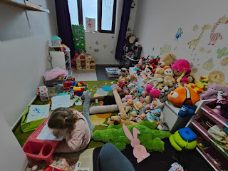 All of Rosie's cuddly toys out in her play room