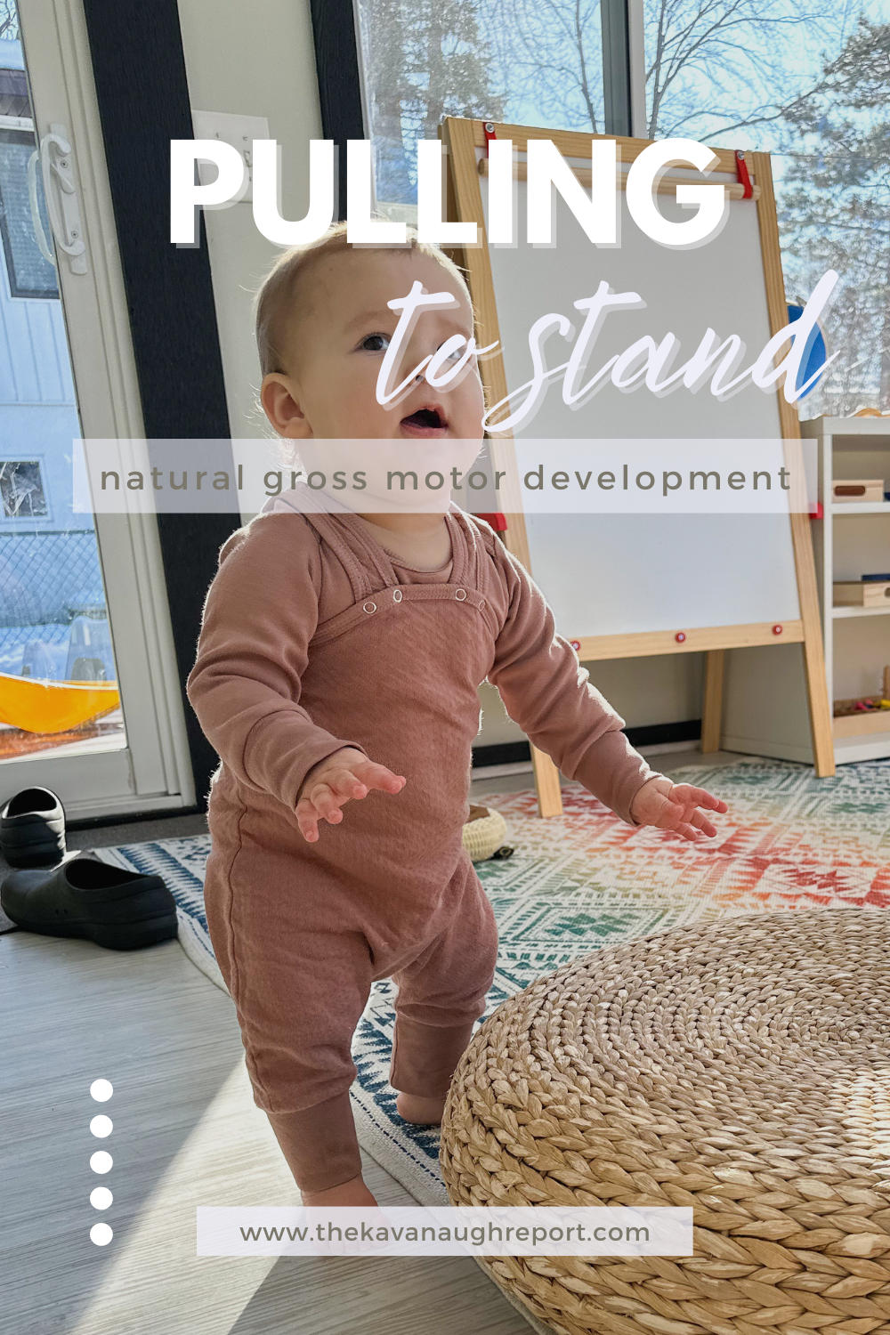 Natural gross motor development thoughts and a possible progression for babies learning to stand. Standing is a wonderful stage between sitting, crawling, climbing and walking. By following a baby's lead we can see a whole host of movement without adult intervention.