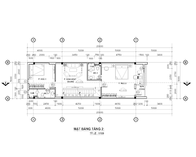 Bố trí mặt bằng tầng hai nhà phố 5x 20 mét