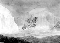 A painting by Davis of damaged Erebus escaping through the gap between the icebergs and Terror waiting