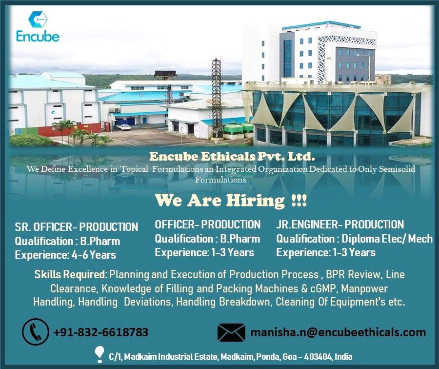 Job Available's for Encube Ethicals Pvt Ltd Job Vacancy for B Pharm/ Diploma Electrical/ Mechanical